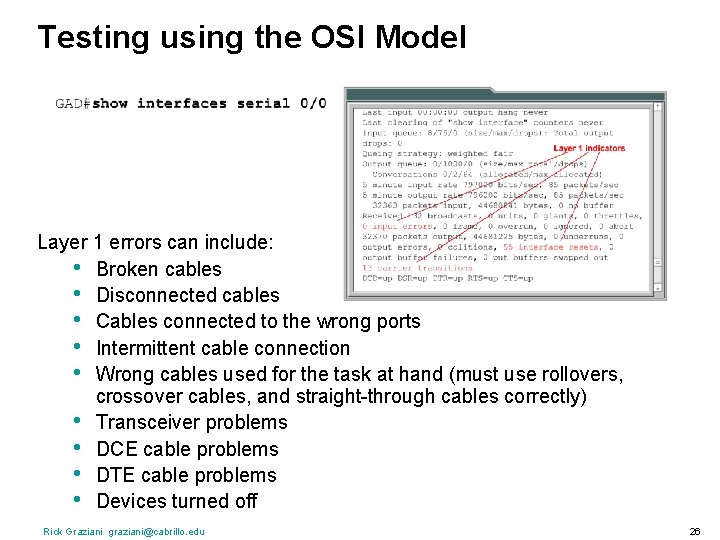 Testing using the OSI Model Layer 1 errors can include: • Broken cables •