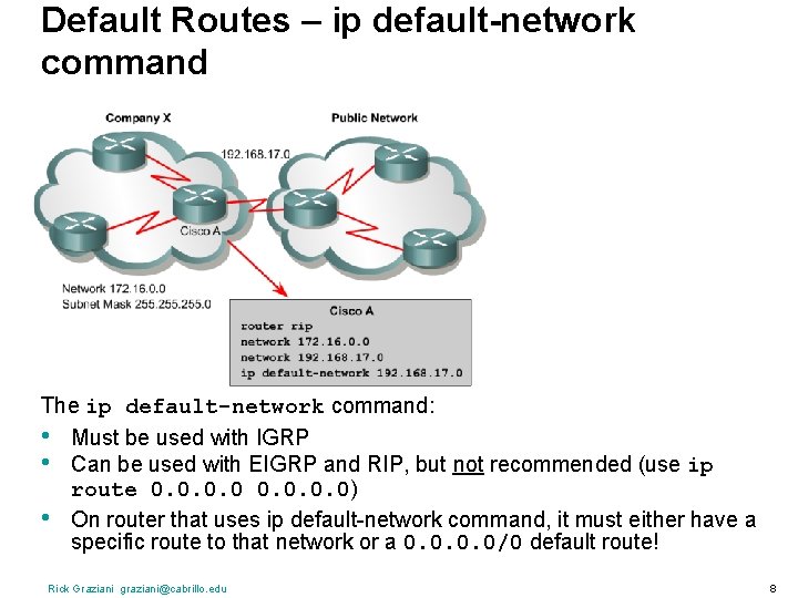 Default Routes – ip default-network command The ip default-network command: • Must be used