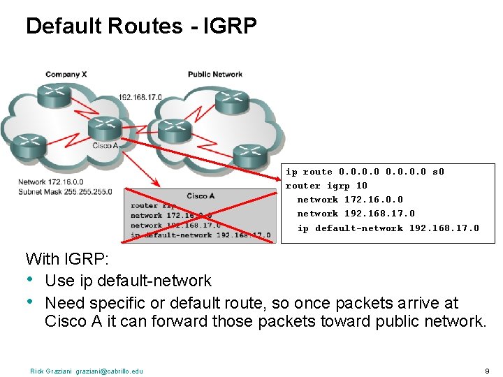Default Routes - IGRP ip route 0. 0 s 0 router igrp 10 network