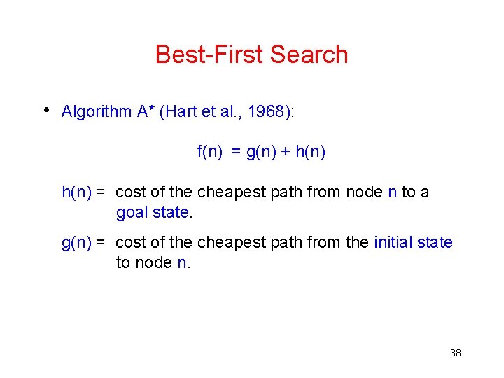 Best-First Search • Algorithm A* (Hart et al. , 1968): f(n) = g(n) +