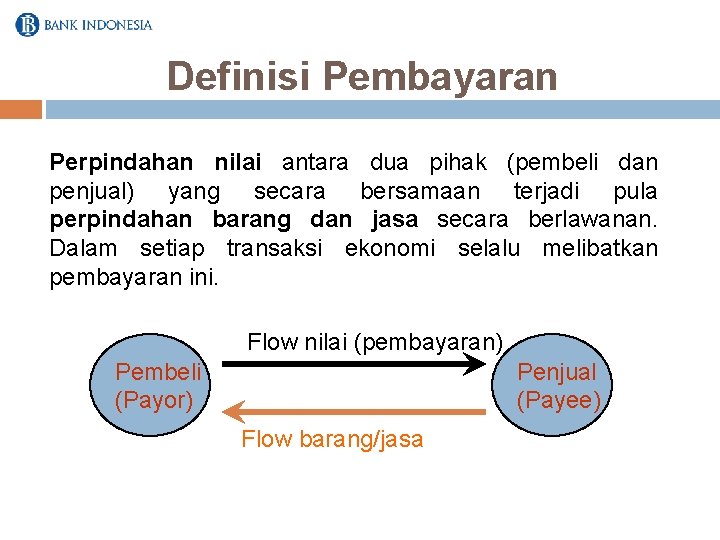 Definisi Pembayaran Perpindahan nilai antara dua pihak (pembeli dan penjual) yang secara bersamaan terjadi