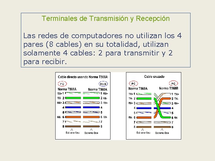 Terminales de Transmisión y Recepción Las redes de computadores no utilizan los 4 pares