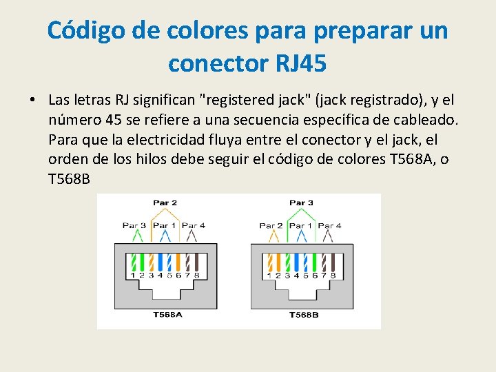 Código de colores para preparar un conector RJ 45 • Las letras RJ significan