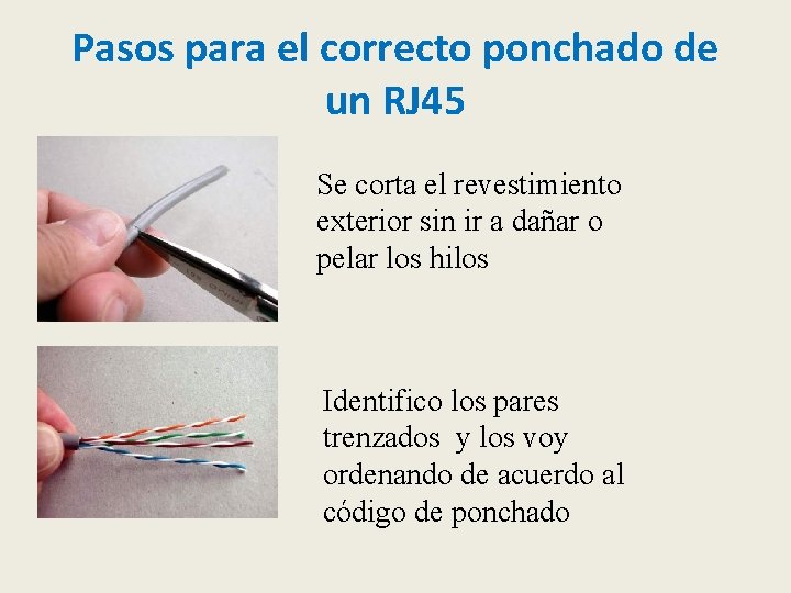 Pasos para el correcto ponchado de un RJ 45 Se corta el revestimiento exterior