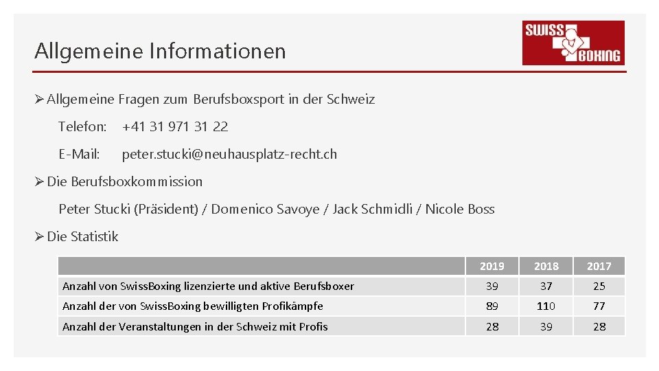 Allgemeine Informationen Ø Allgemeine Fragen zum Berufsboxsport in der Schweiz Telefon: +41 31 971