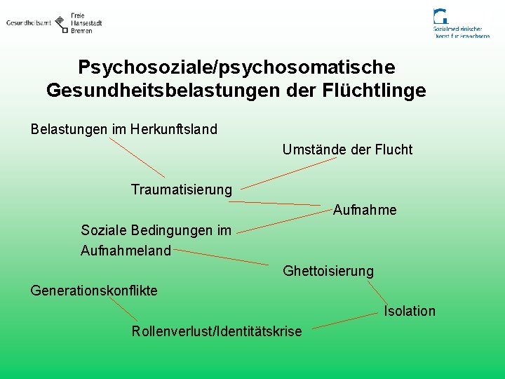Psychosoziale/psychosomatische Gesundheitsbelastungen der Flüchtlinge Belastungen im Herkunftsland Umstände der Flucht Traumatisierung Aufnahme Soziale Bedingungen