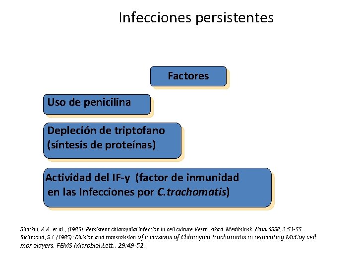 Infecciones persistentes Factores Uso de penicilina Depleción de triptofano (síntesis de proteínas) Actividad del