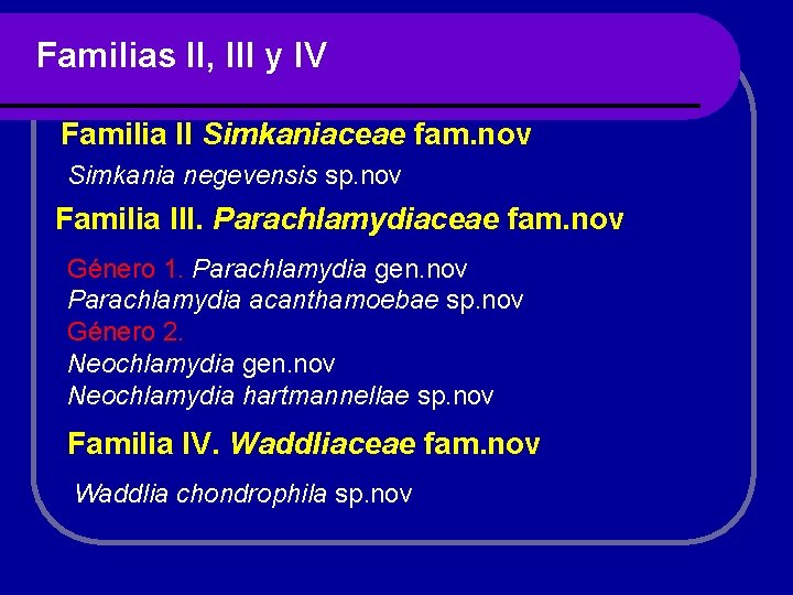 Familias II, III y IV Familia II Simkaniaceae fam. nov Simkania negevensis sp. nov