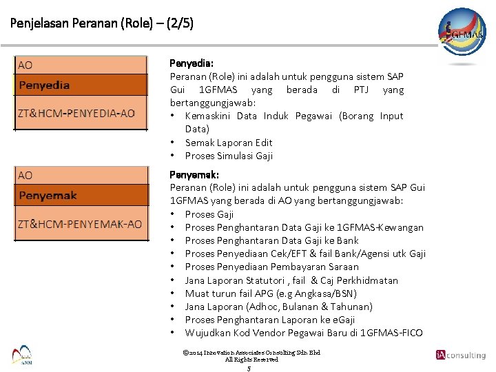 Penjelasan Peranan (Role) – (2/5) Penyedia: Peranan (Role) ini adalah untuk pengguna sistem SAP
