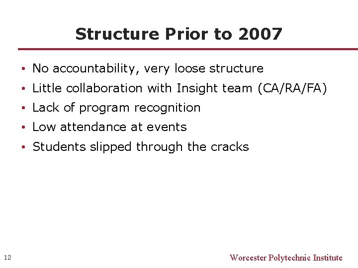 Structure Prior to 2007 • No accountability, very loose structure • Little collaboration with