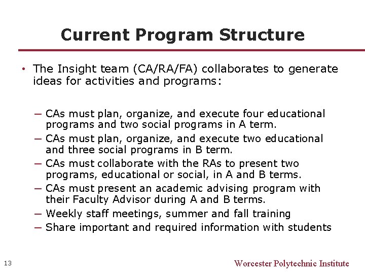 Current Program Structure • The Insight team (CA/RA/FA) collaborates to generate ideas for activities