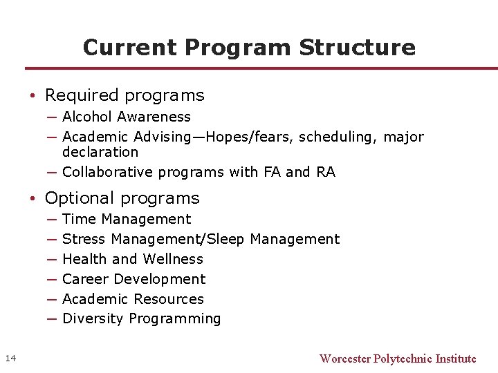Current Program Structure • Required programs ─ Alcohol Awareness ─ Academic Advising—Hopes/fears, scheduling, major
