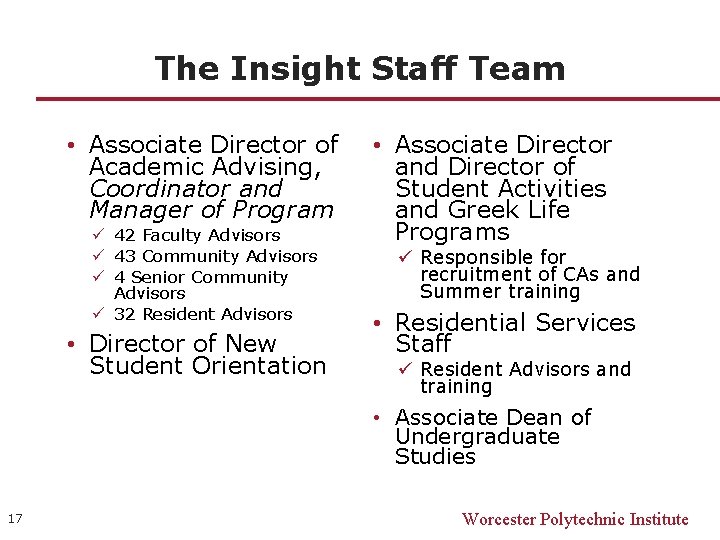 The Insight Staff Team • Associate Director of Academic Advising, Coordinator and Manager of