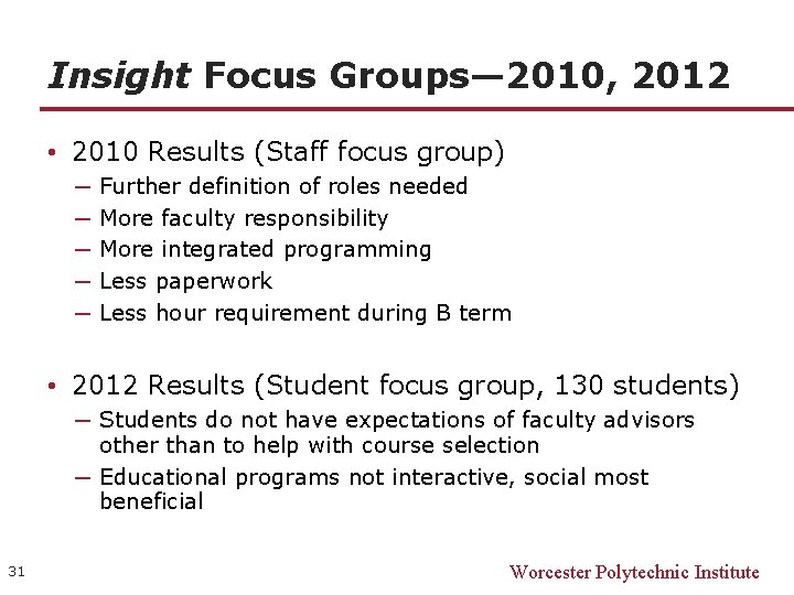 Insight Focus Groups— 2010, 2012 • 2010 Results (Staff focus group) ─ ─ ─