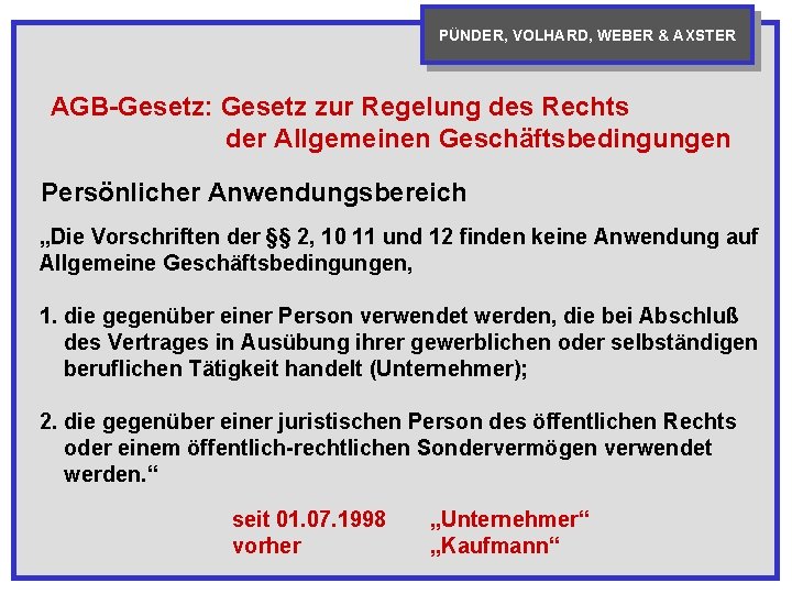 PÜNDER, VOLHARD, WEBER & AXSTER AGB-Gesetz: Gesetz zur Regelung des Rechts der Allgemeinen Geschäftsbedingungen