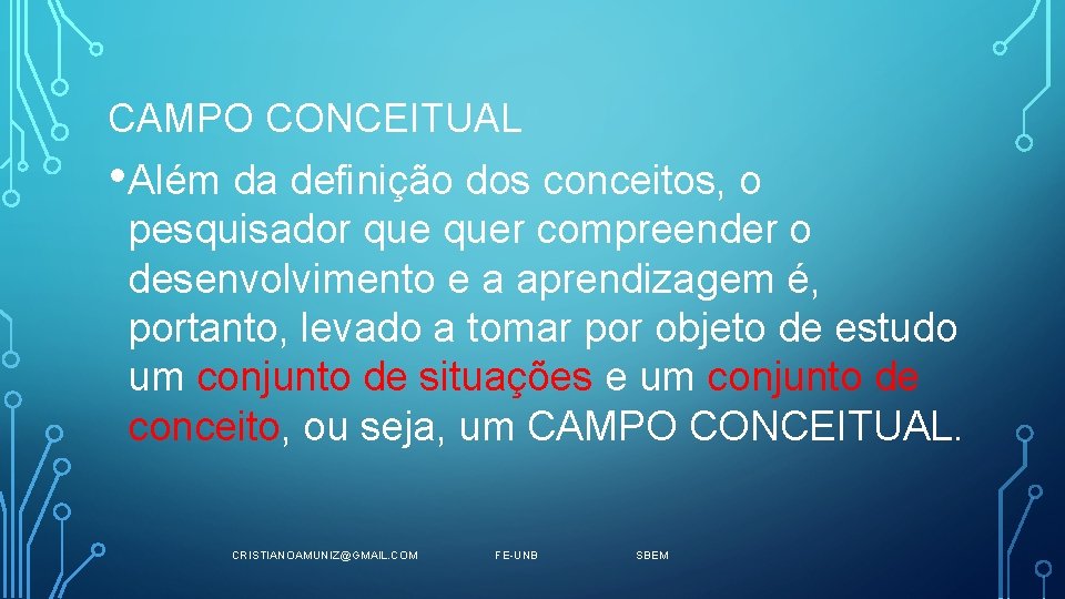 CAMPO CONCEITUAL • Além da definição dos conceitos, o pesquisador quer compreender o desenvolvimento