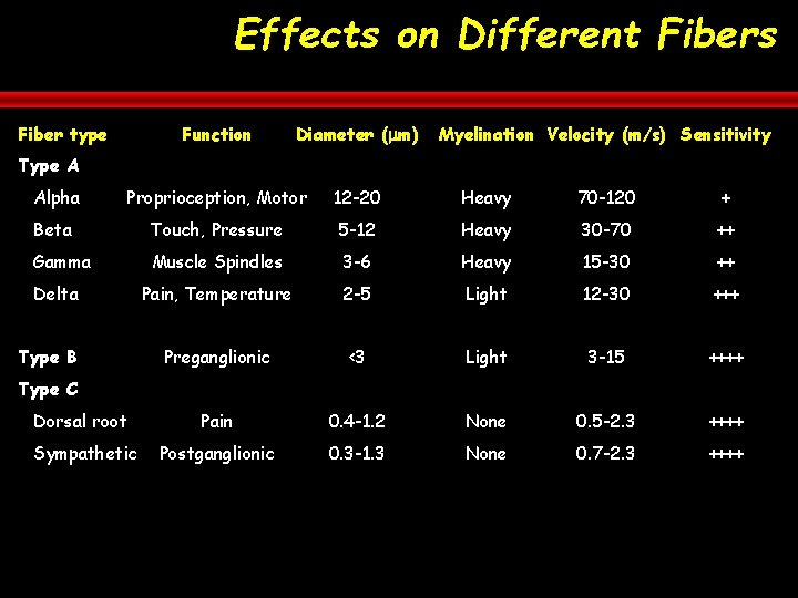 Effects on Different Fibers Fiber type Function Diameter (mm) Myelination Velocity (m/s) Sensitivity Type