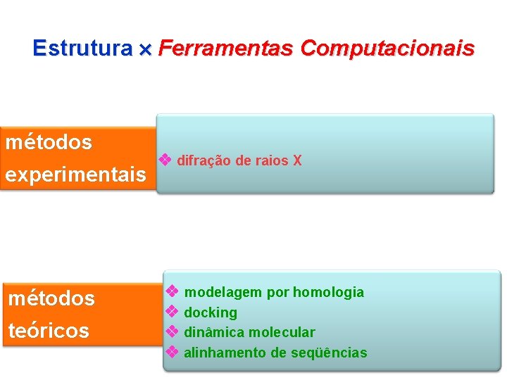 Estrutura Ferramentas Computacionais métodos experimentais métodos teóricos difração de raios X modelagem por homologia