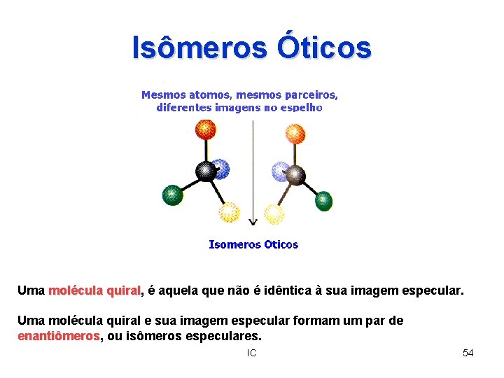 Isômeros Óticos Uma molécula quiral, quiral é aquela que não é idêntica à sua