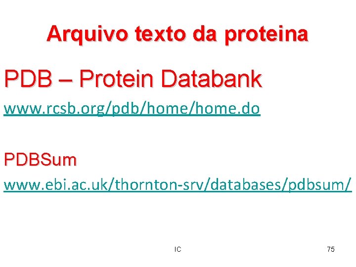 Arquivo texto da proteina PDB – Protein Databank www. rcsb. org/pdb/home. do PDBSum www.