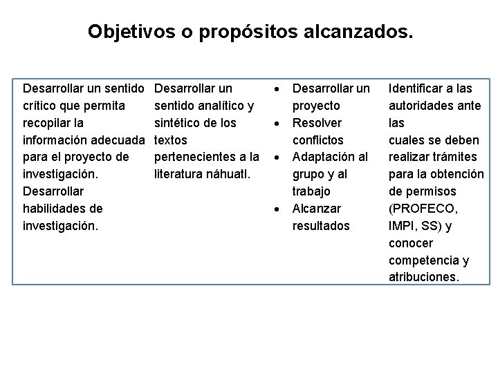 Objetivos o propósitos alcanzados. Desarrollar un sentido crítico que permita recopilar la información adecuada