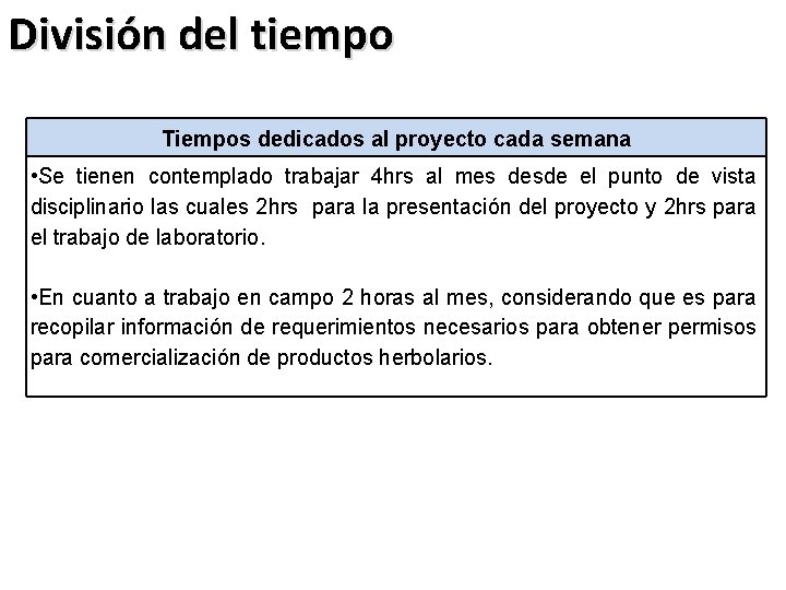 División del tiempo Tiempos dedicados al proyecto cada semana • Se tienen contemplado trabajar