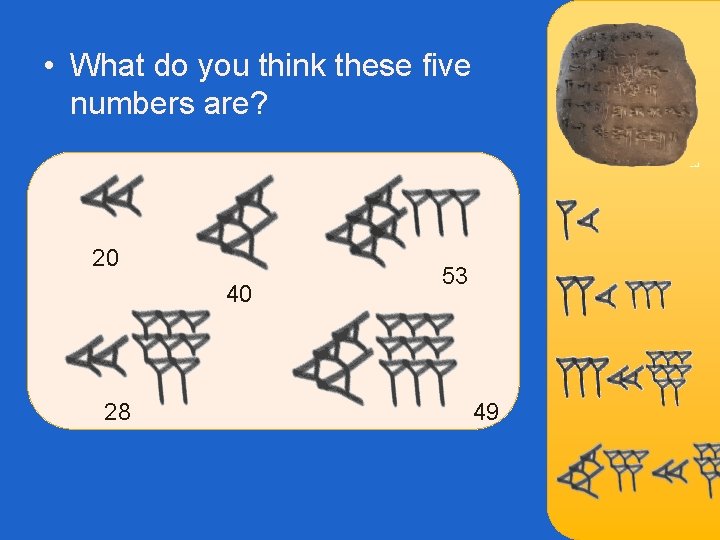  • What do you think these five numbers are? 20 40 28 53