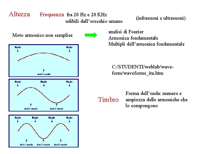 Altezza Frequenza fra 20 Hz e 20 KHz udibili dall’orecchio umano Moto armonico non