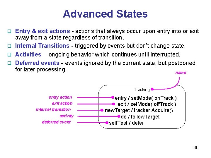 Advanced States Entry & exit actions - actions that always occur upon entry into Advanced States Entry & exit actions - actions that always occur upon entry into