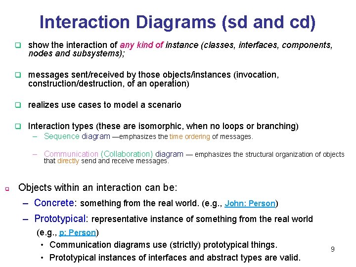 Interaction Diagrams (sd and cd) q show the interaction of any kind of instance Interaction Diagrams (sd and cd) q show the interaction of any kind of instance