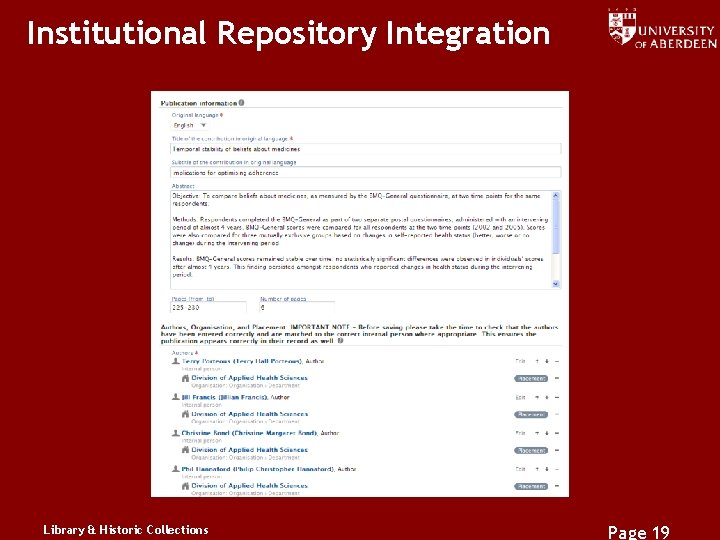Institutional Repository Integration Library & Historic Collections Page 19 