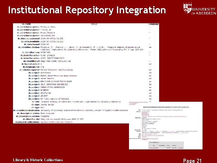 Institutional Repository Integration Library & Historic Collections Page 21 