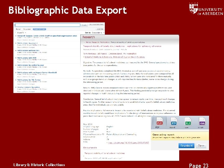 Bibliographic Data Export Library & Historic Collections Page 23 