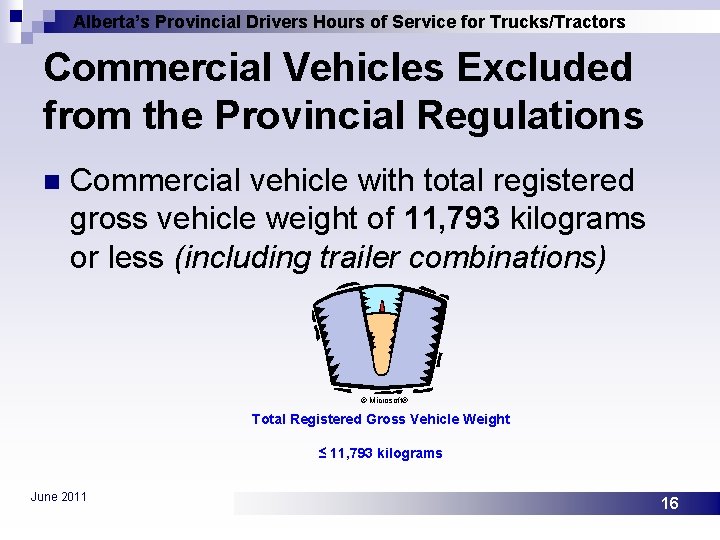 Alberta’s Provincial Drivers Hours of Service for Trucks/Tractors Commercial Vehicles Excluded from the Provincial