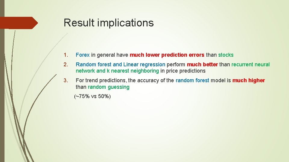 Result implications 1. Forex in general have much lower prediction errors than stocks 2.