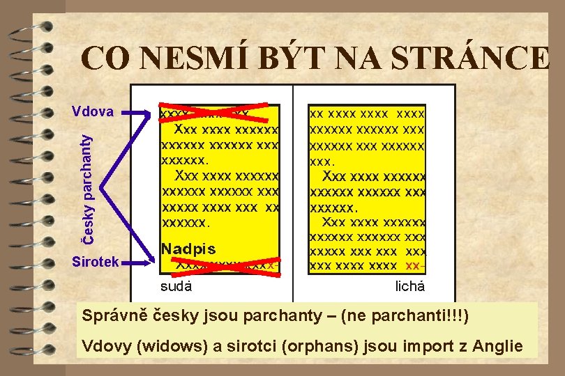 CO NESMÍ BÝT NA STRÁNCE Česky parchanty Vdova Sirotek Správně česky jsou parchanty –