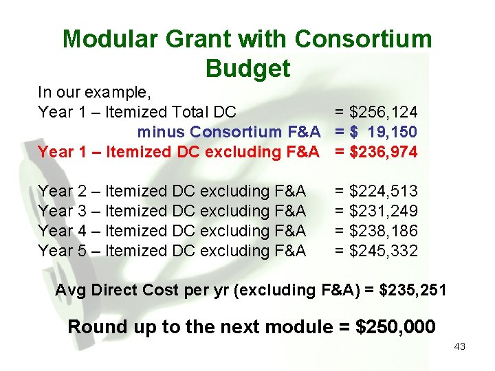 Modular Grant with Consortium Budget In our example, Year 1 – Itemized Total DC
