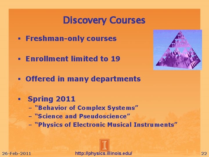 Discovery Courses Freshman-only courses Enrollment limited to 19 Offered in many departments Spring 2011