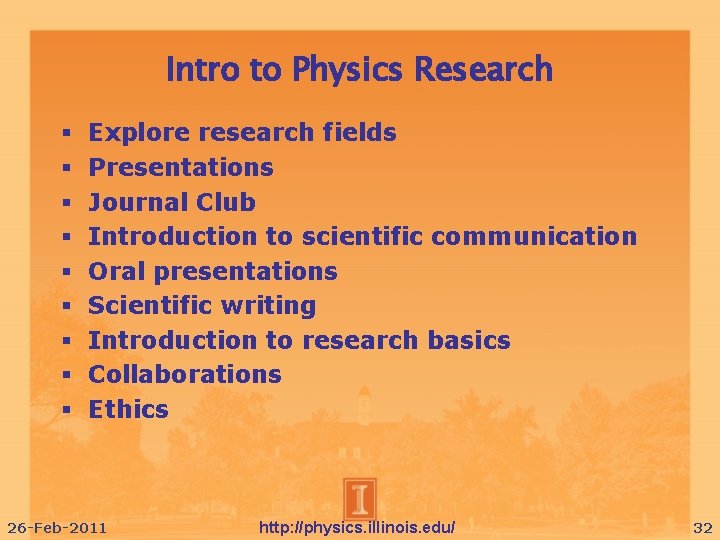 Intro to Physics Research Explore research fields Presentations Journal Club Introduction to scientific communication