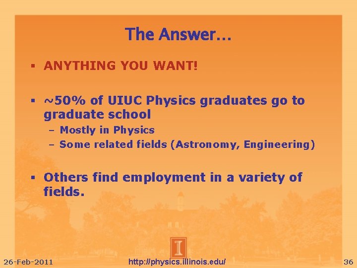The Answer… ANYTHING YOU WANT! ~50% of UIUC Physics graduates go to graduate school