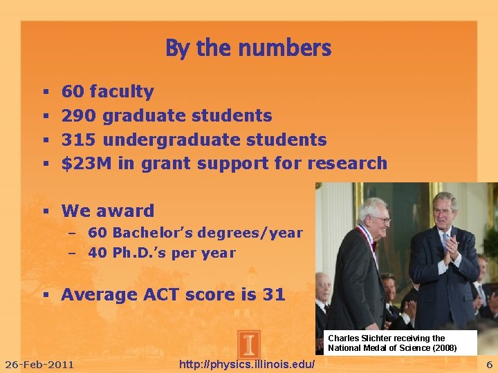 By the numbers 60 faculty 290 graduate students 315 undergraduate students $23 M in