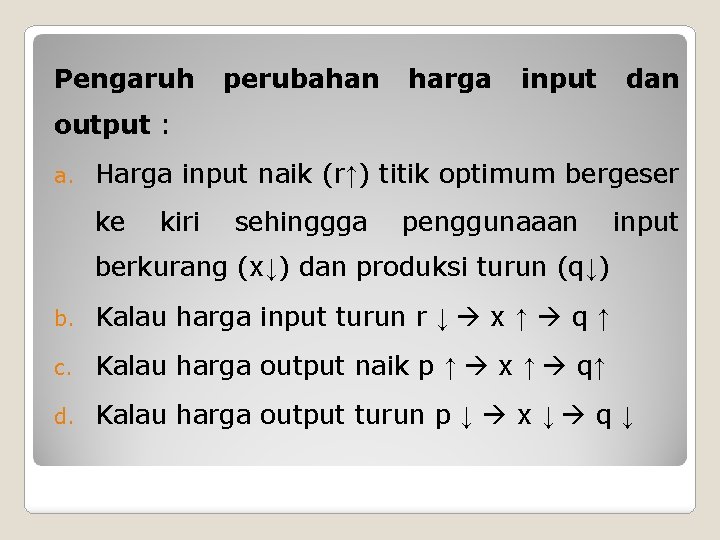 Pengaruh perubahan harga input dan output : a. Harga input naik (r↑) titik optimum