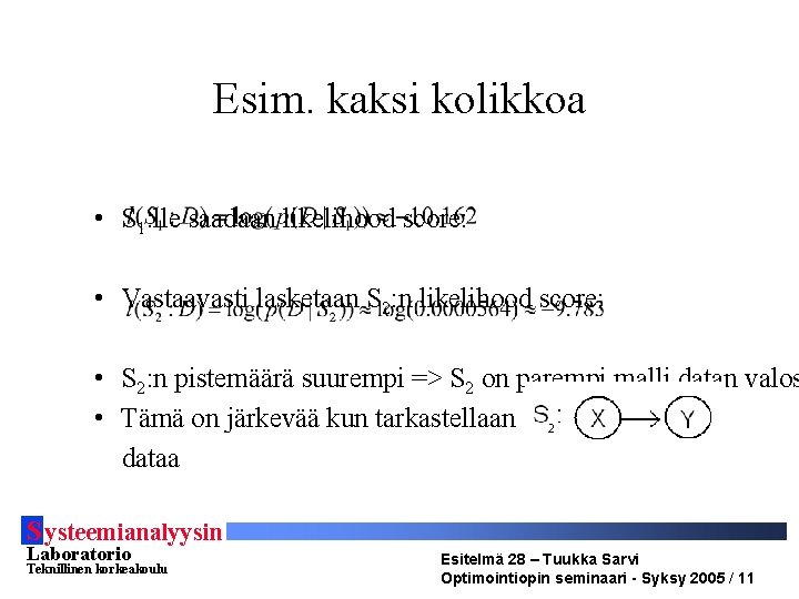 Esim. kaksi kolikkoa • S 1: lle saadaan likelihood score: • Vastaavasti lasketaan S