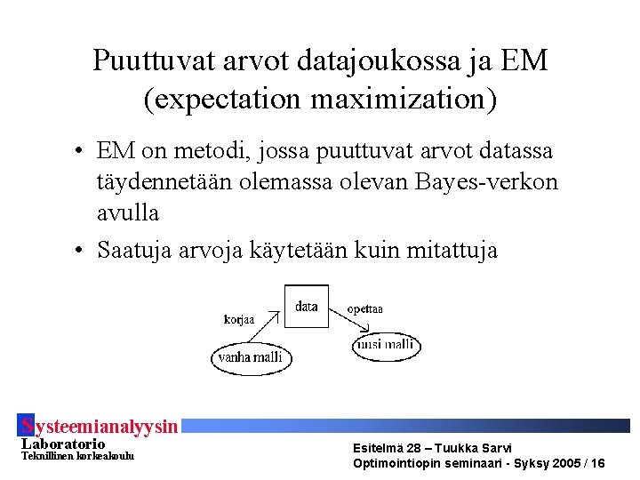 Puuttuvat arvot datajoukossa ja EM (expectation maximization) • EM on metodi, jossa puuttuvat arvot