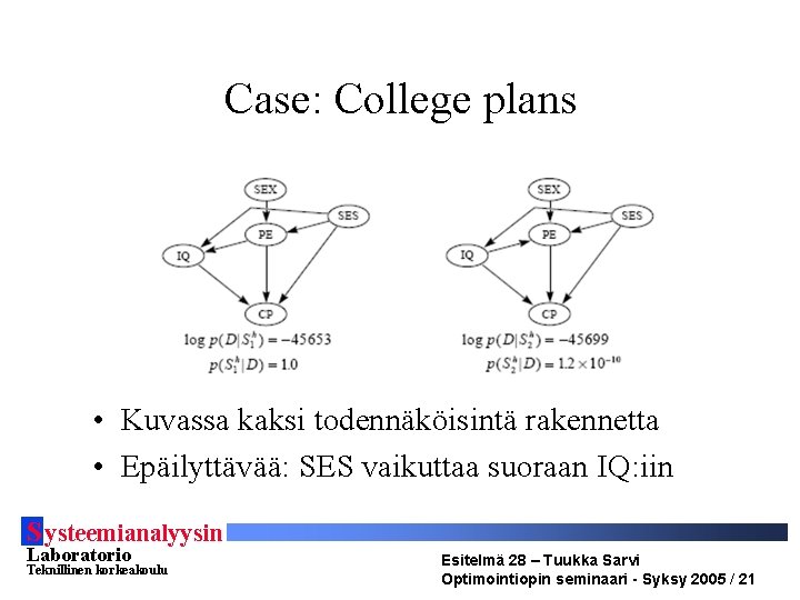 Case: College plans • Kuvassa kaksi todennäköisintä rakennetta • Epäilyttävää: SES vaikuttaa suoraan IQ: