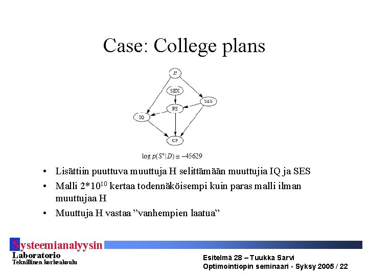 Case: College plans • Lisättiin puuttuva muuttuja H selittämään muuttujia IQ ja SES •