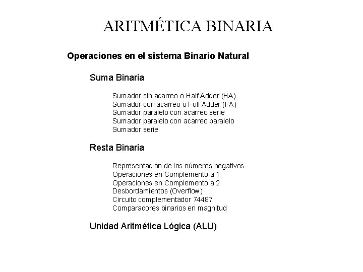 ARITMÉTICA BINARIA Operaciones en el sistema Binario Natural Suma Binaria Sumador sin acarreo o