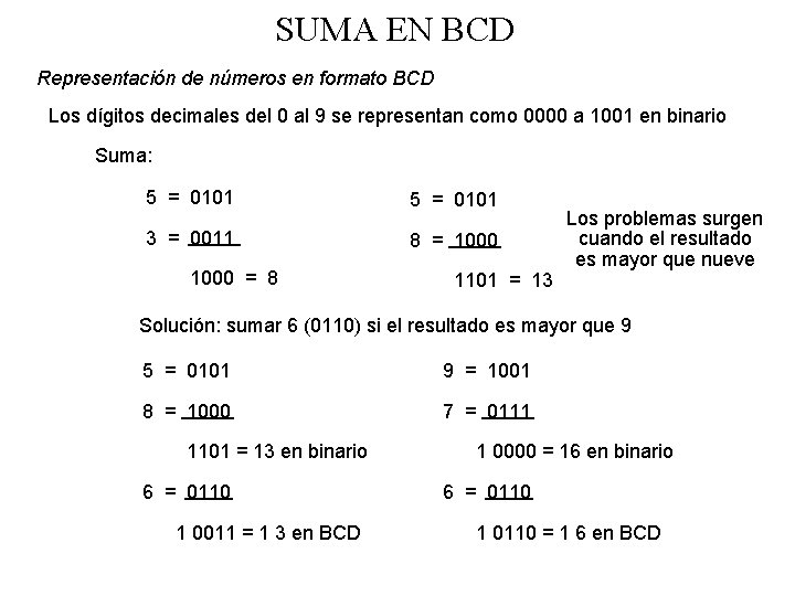 SUMA EN BCD Representación de números en formato BCD Los dígitos decimales del 0