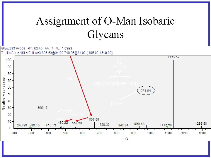 Assignment of O-Man Isobaric Glycans SA Gal. NAc Man -Gal (R)LETASPPTR(I) [M+H]+ [M+2 H]2+
