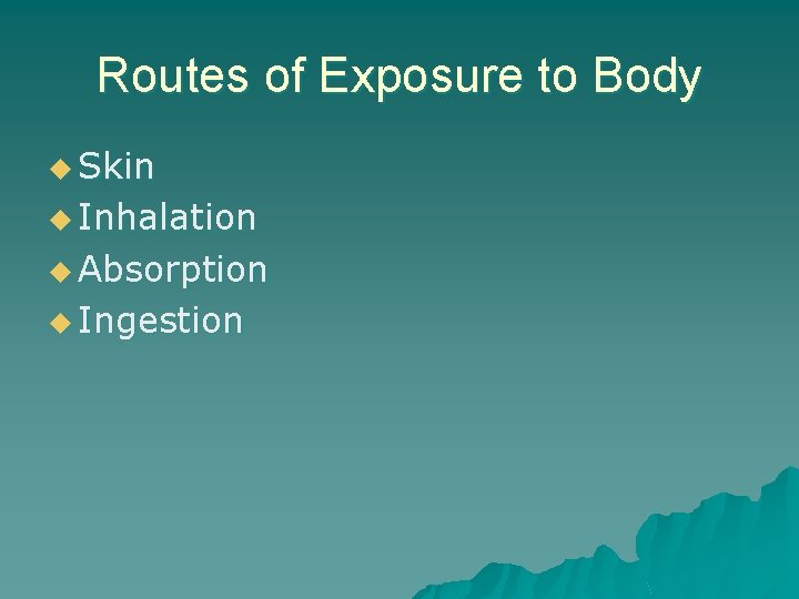 Routes of Exposure to Body u Skin u Inhalation u Absorption u Ingestion 
